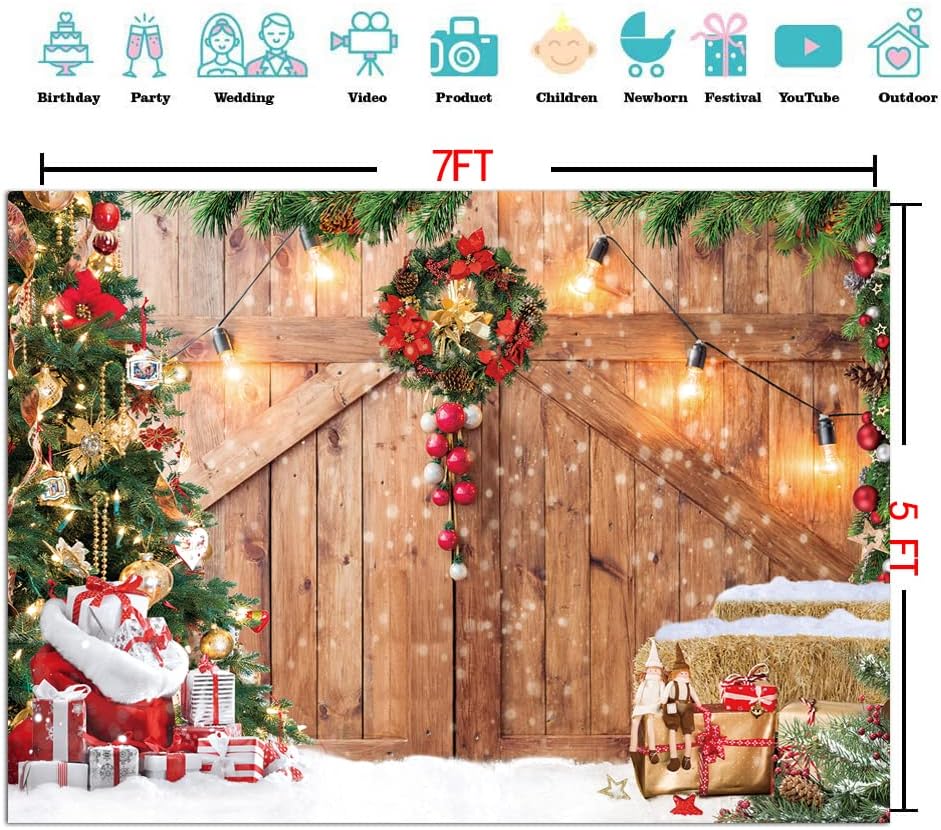 7x5FT Christmas Barn Wood Door Photography Backdrop Xmas Tree Snow Gift Wall Floor Party Photo Background for Holiday Ne