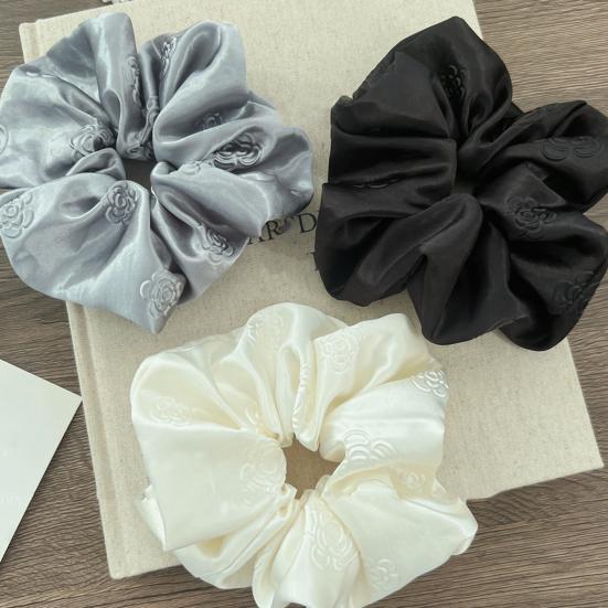 Elástico de Cabelo Feminino Cor Pura Estampa de Camélia Alta Elasticidade Corda de Cabelo Cetim Liso Scrunchy de Cabelo Acessório de Cabelo Sem Danos