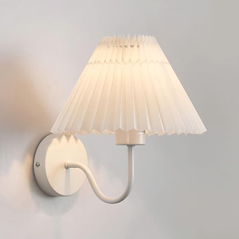 Wall Light with Pleated Fabric Shade, French Retro E27 Wall Lamp Bedroom Antique Brass Finish Wall Sconce for Living Room Study Corridor Dining Room