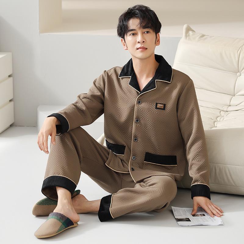 

Мужская пижама из воздушного хлопка Мужская осенне-зимняя с длинным рукавом из чистого хлопка с утолщенным промежуточным слоем Домашняя одежда Осенний костюм для среднего возраста 3XL