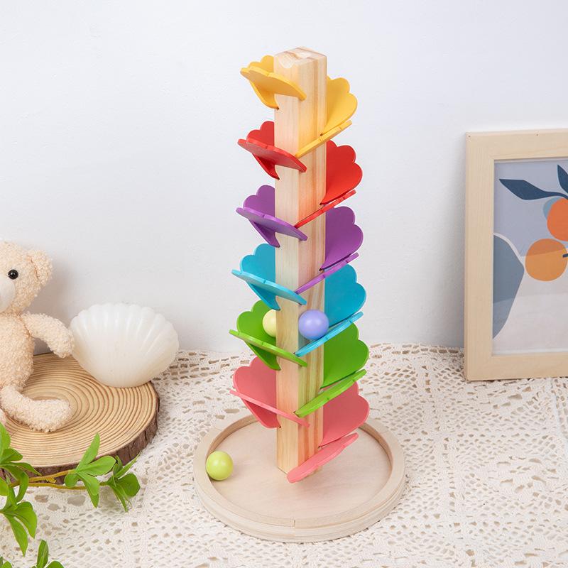 1Pc Montessori Children's Leaves Track Ball Tree Rotating Rainbow Building Block Music Early Education Decompression Puzzle Wooden Toy