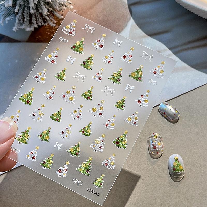 Xmas Tree Nail Stickers Embossed Nail Art Self-Adhesive Decals For Manicure Christmas Party Charm Nail Ornaments