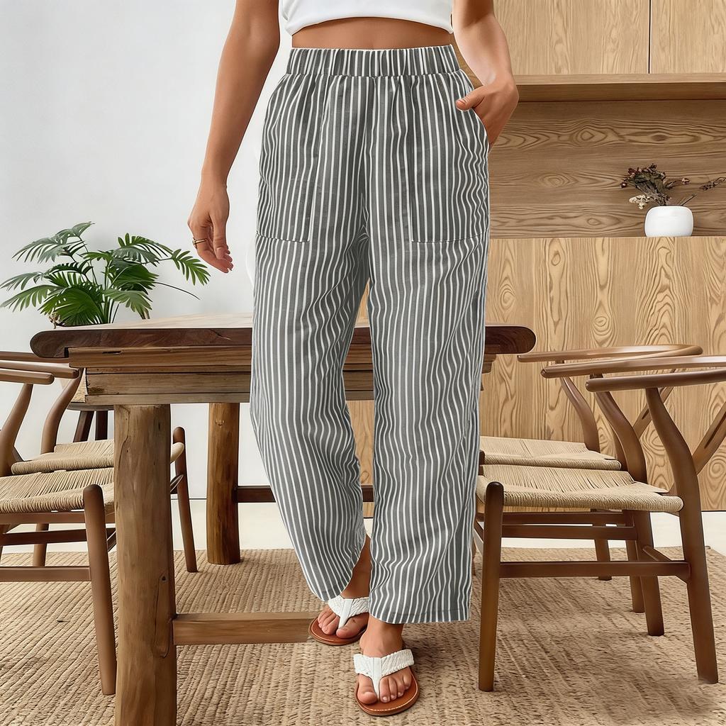 Women's Fashionable Striped High Waisted Pocket Home Versatile Casual Pants