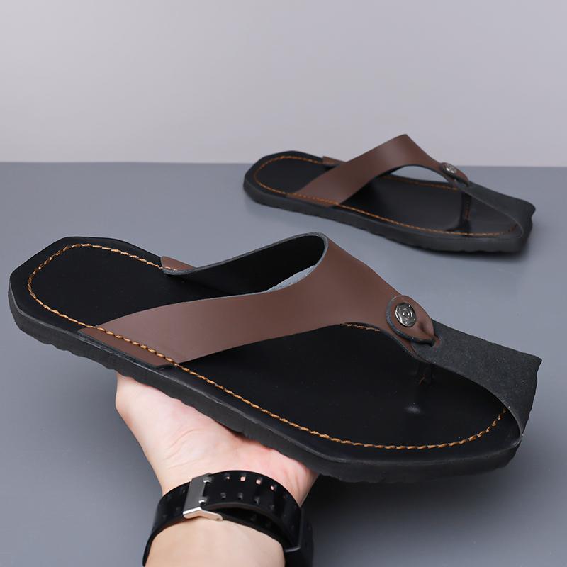 Herren Schwarz Leder Pantoffeln Einfache Flache Sommer Weiße Flip-Flops Outdoor Sandalen Braun Offene Zehen Strand Schuhe Übergröße