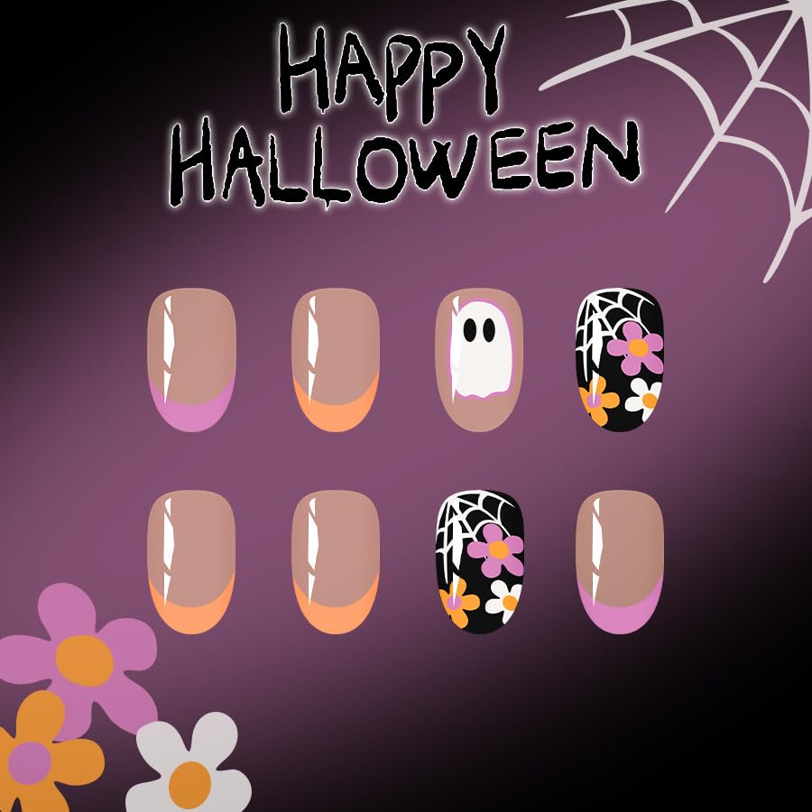 ONPRESS 24Pcs Halloween Press on Nails Short Almond Fake Nails with Ghost Face Spooky Bat Spider Web Design False Nails Orange Pink French Tip Glue