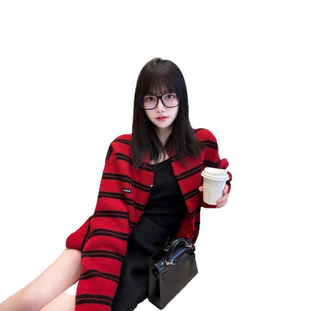 MIU Czerwony Pasiasty Dzianinowy Kardigan Damski - Patch z Listem Świątecznym Luźny Top Jesienno-Zimowy