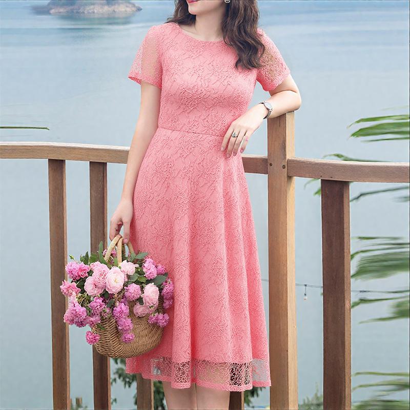 ZANZEA Damen Lässig Rundhals Kurzarm Sommer Patchwork Spitzenkleid