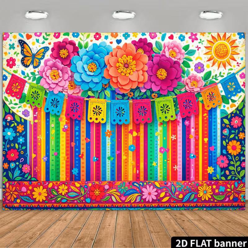 2D Fiesta Birthday Backdrop Colorful Mexican Banner with Flowers and Papel Picado 47.2x31.5inch/120*80cm