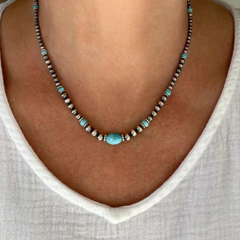 2-Piece Vintage Round Imitation Turquoise Necklace and Earring Set for Women Handmade Jewelry