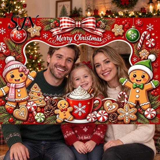 Portable Christmas Background Banner Cartoon Photo Booth Frame Banner, Xmas Selfie with Elk Festive Seasonal Event Penguin Bear, Holiday Party