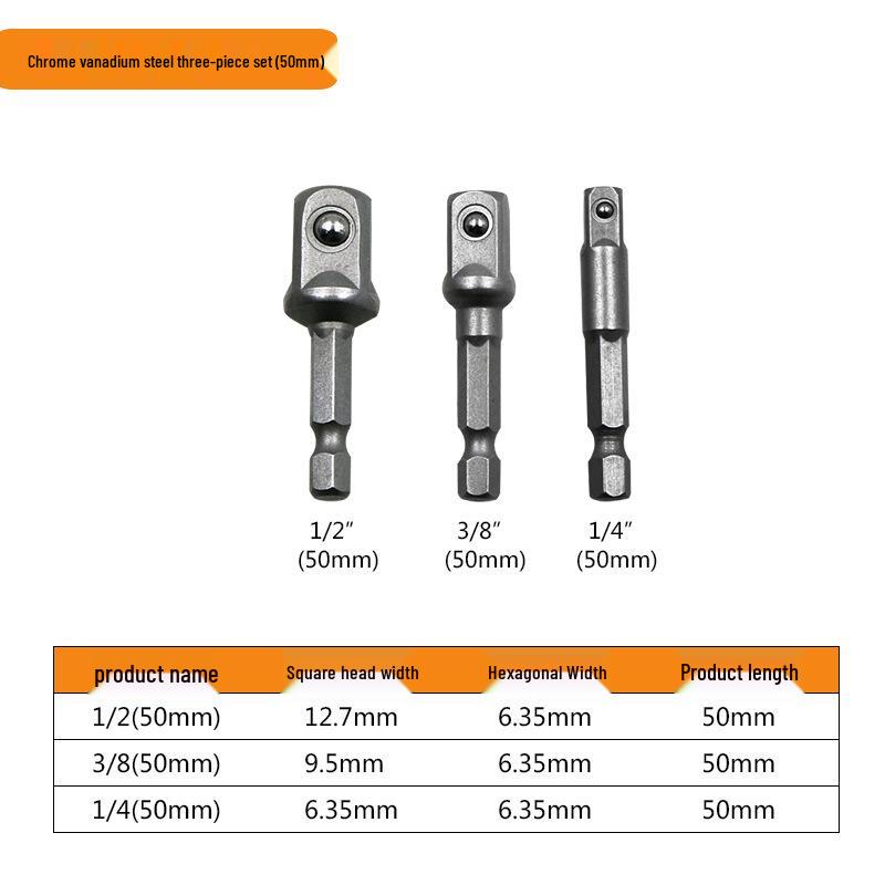 Hex Handle To Square Head Socket Adapter for 1/4, 3/8, 1/2 Air & Electric Screwdrivers