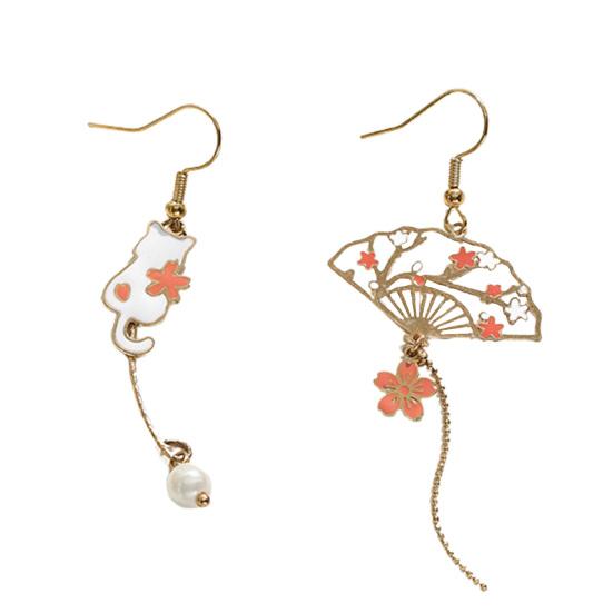 1 Pair Women Earrings Fan Crane Asymmetry Jewelry Animal Pendant Faux Pearl Painted Hook Earrings for Dating