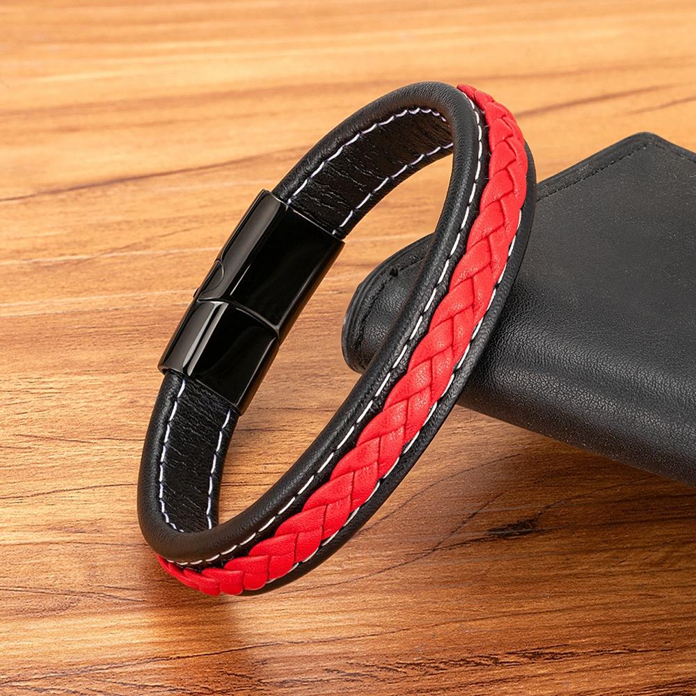 Black & Red Braided Rope Leather Bracelet Men Stainless Steel Charm Jewelry Bangle for Friend Couple Birthday New Year Gift