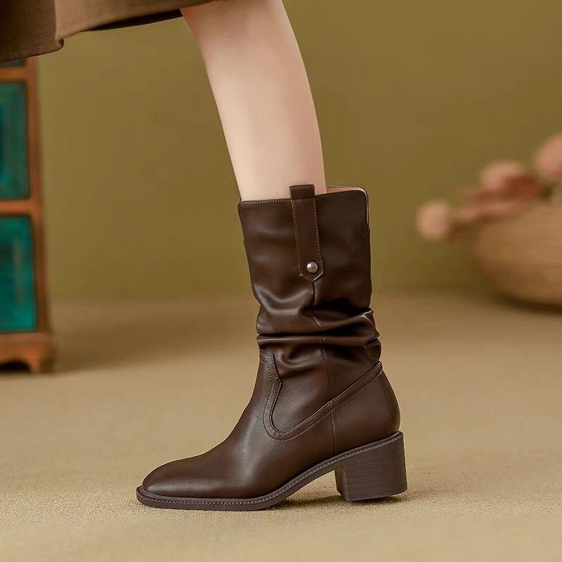 Round Toe Leather Ladies Mid Calf Shoes Fleece-Lined Middle Heel Women's Half High Boots New in Fashion 2025 Waterproof Y2k Boot