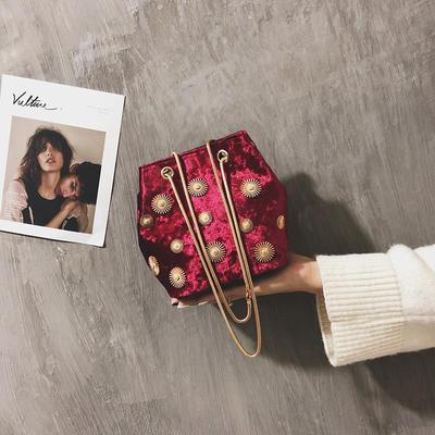 Korean Style Women's Velvet Crossbody Mini Bucket Bag with Drawstring Chain