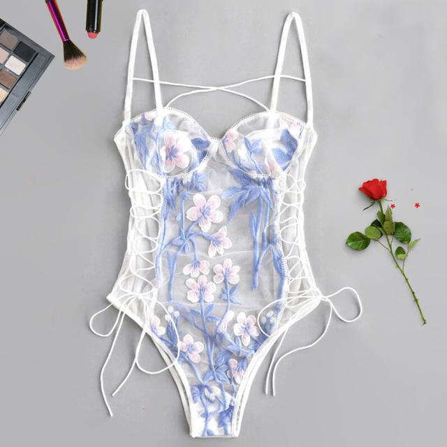 Embroidered Women 'S Lace One -Piece Bodysuit Underwear with Spaghetti Strap Open Back Sexy Girl Bra Set Temptation Onesie