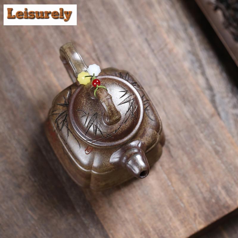 300ml Yixing Purple Clay Teapots Handmade Bamboo Tripod Pot Raw Ore Wood-fired Porcelain Mud Kettle With Filter Zisha Tea Set