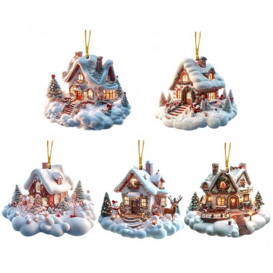 Snow Village House Ornament Rustic Log Cabin Hanging Ornament 2D Acrylic Cottage with Snow Scene for Winter Wonderland Xmas Tree Decor