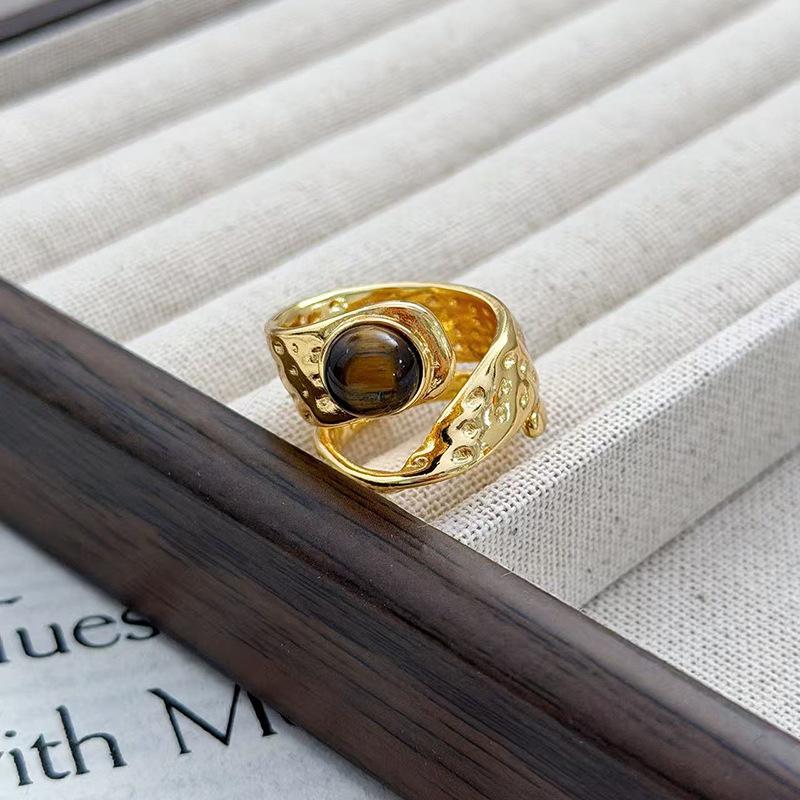 Tiger'S Eye Stone Geometric Opening Ring Women'S Retro Fashion High-End Temperament Irregular Index Finger Ring
