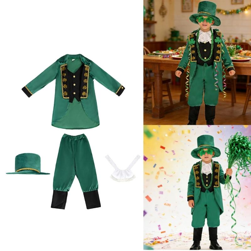 Irish Lucky Shamrock Kids Show Costume Set With Hat Vest Scarf And Pants Cosplay Outfit For Patrick Day Dance