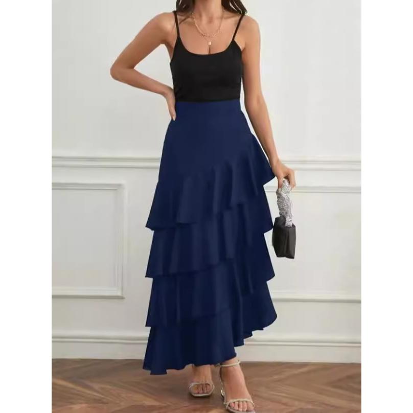 Qooth Spring Summer New High Waist Slimming Irregular Skirt Elegant Temperament Lotus Leaf Edge Mid-Length Skirt QT2509