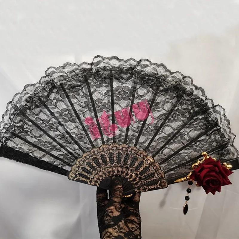 Lolita Cosplay Hand Held Fan Gothic Angel Wing Feather Rose Bead Chain Lace Flower Black Folding Fan Dance Photo Props Halloween