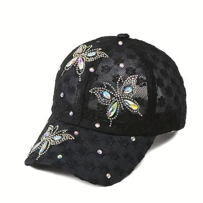 Casquette de baseball élégante en dentelle avec papillon et strass colorés - Respirante, légère, parfaite pour la protection solaire