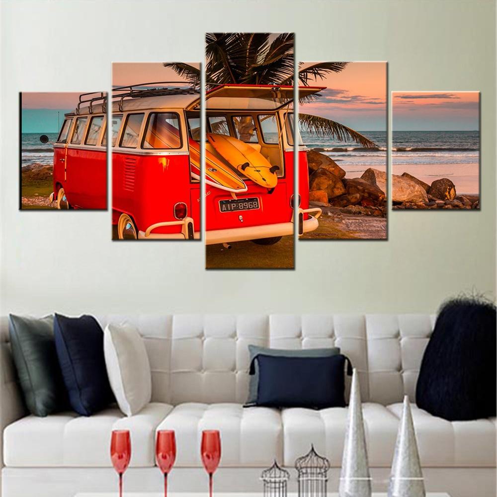 5 Pieces Canvas Arts Home Decoration Painting Landscape Surf Van Red Car Poster Wall Pictures For Living Room Interior Artwork