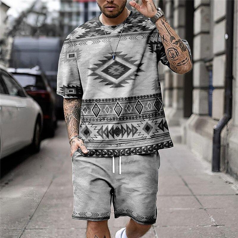 Summer Round Neck 3D Ethnic Style Printed Set Fashionable and Casual Short Sleeved Shorts Men's Sport Wear