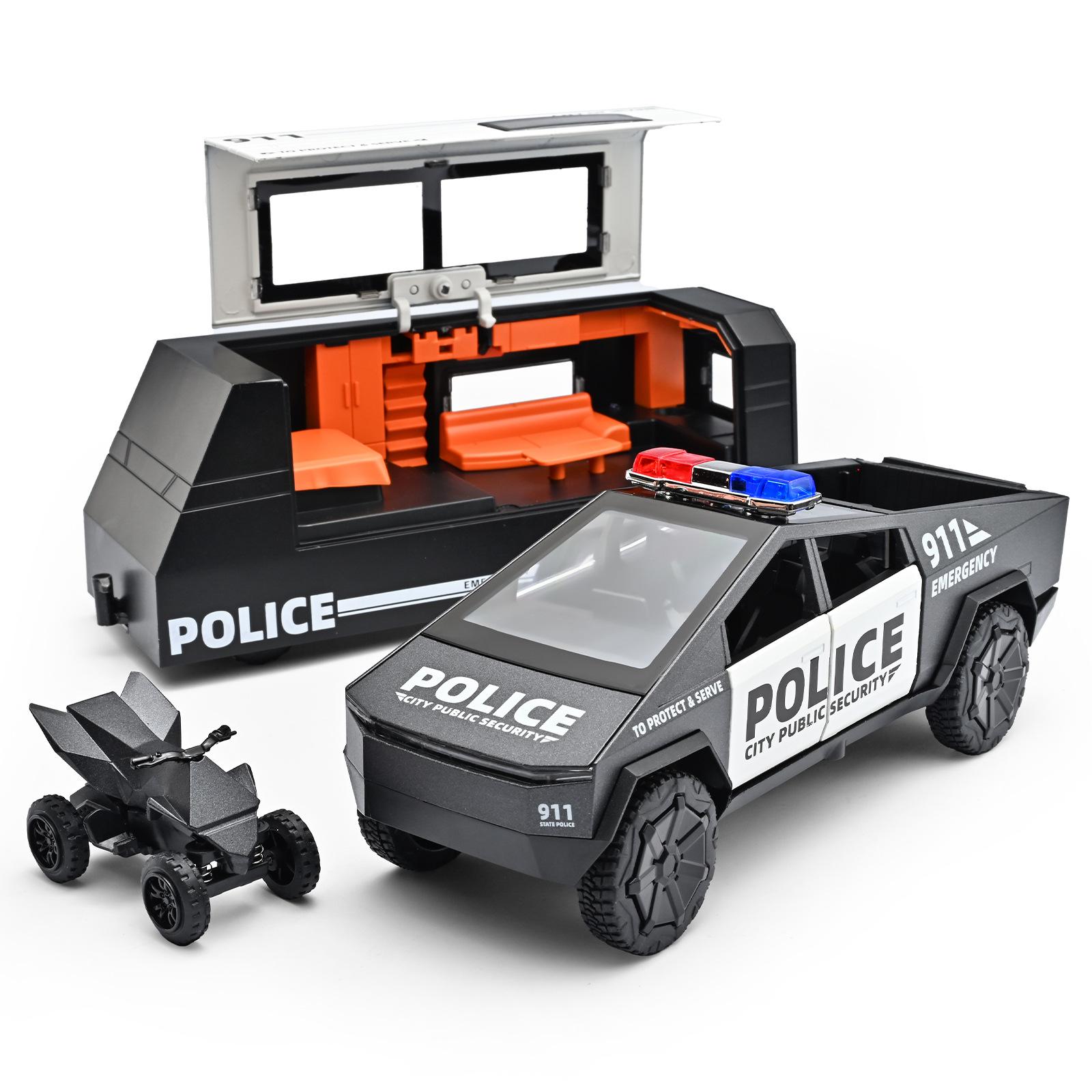 

1/32 Tesla Police Cybertruck Прицеп Внедорожный Пикап Литая Модель Машины Сплав Детская Игрушка Автодом Звук и Свет Музыка Подарок на День Рождения чёрный