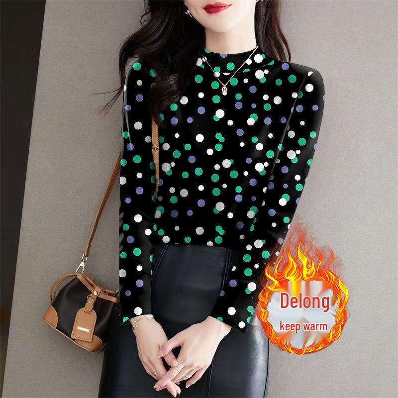 

High Neck Thermal Ribbed Base Layer Top for Middle-Aged & Elderly Women, Long Sleeve, Polka Dot Print - Autumn/Winter 3XL (135-150 jin)
