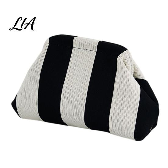 Portable Small Organizer for Purse Snap Shut Makeup Bag, Striped Knitted Clutch Pouch, Stylish Toiletry Bag Wide Open Cosmetic Pouch Brushes