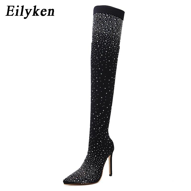Fashion Eilyken Fashion Runway Crystal Stretch Fabric Sock Over-the-Knee Boot Thigh High Pointed Toe Woman Stiletto Heel Shoes