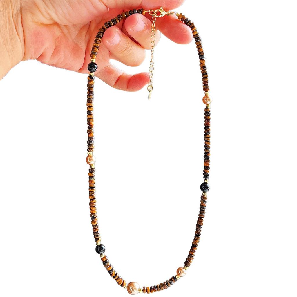 Autumn And Winter Maillard Retro Style High Quality Natural Tiger'S Eye Stone Collarbone Chain Necklace Women