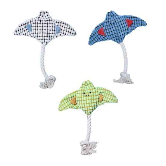 Plush Manta Ray Dog Chew Toy with Cotton Rope Squeaky Stuffed Sea Animal Plushie Boredom Reduction Dog Teething Interactive Toy