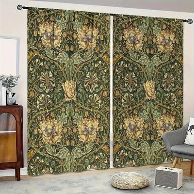 2Pcs, Retro Flower Vines for Spring And Summer, Pocket Rod Installation, Digital Printed Curtains, Polyester Material Drapes