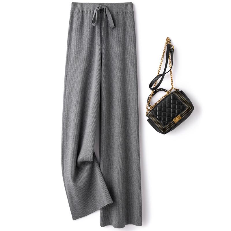 Women's White Wool Knit Wide-Leg Elastic High-Waist Floor-Length Pants — Autumn/Winter Drapey, Loose-Fit, Versatile, Straight-Leg Pants