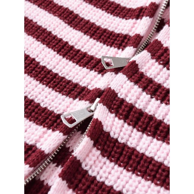 Frühling Damen Locker Fauler Stil Pullover Cardigan Ausgestellter Revers Langarm Doppelkettenstreifen Strickmantel