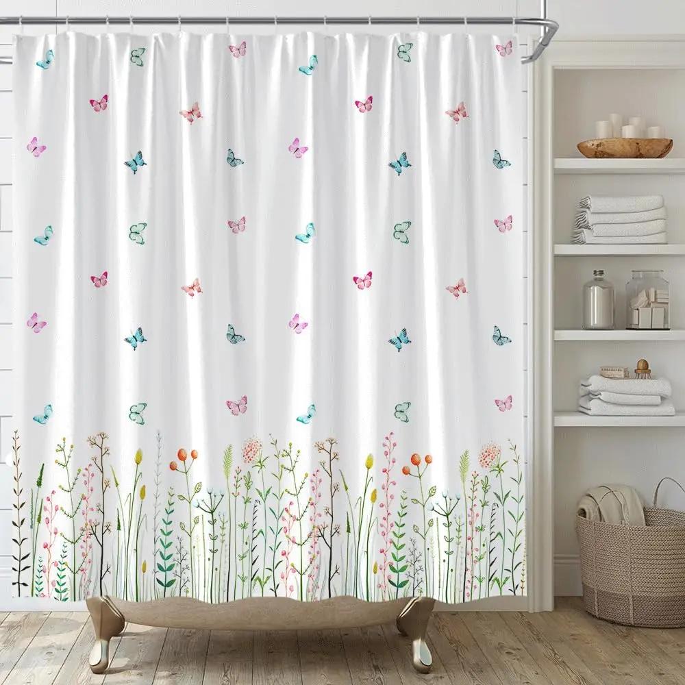 Pink Flower Butterfly Shower Curtain Natural Garden Landscape Home Fabric Bathroom Decoration Shower Curtain With Hook