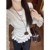 2025 New Arrival Women's White Lace Trim Long-Sleeve T-Shirt, Korean Slim Fit for Spring/Autumn