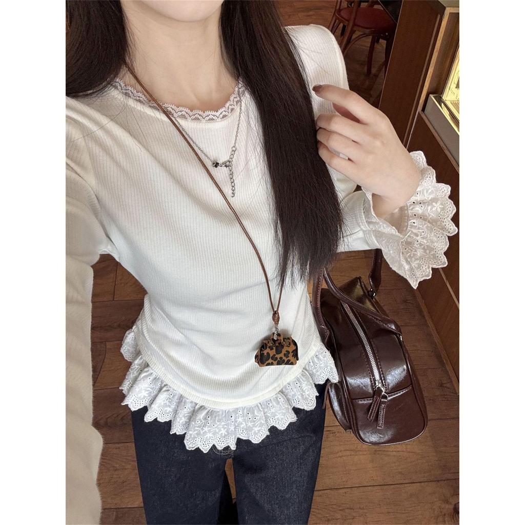 2025 New Arrival Women's White Lace Trim Long-Sleeve T-Shirt, Korean Slim Fit for Spring/Autumn