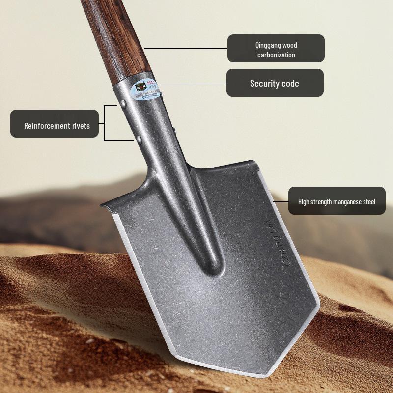 106b Polished Russian-Style Small Manganese Steel Shovel with Carbonized Green Steel and Wood Handle for Military Engineering and Outdoor Use