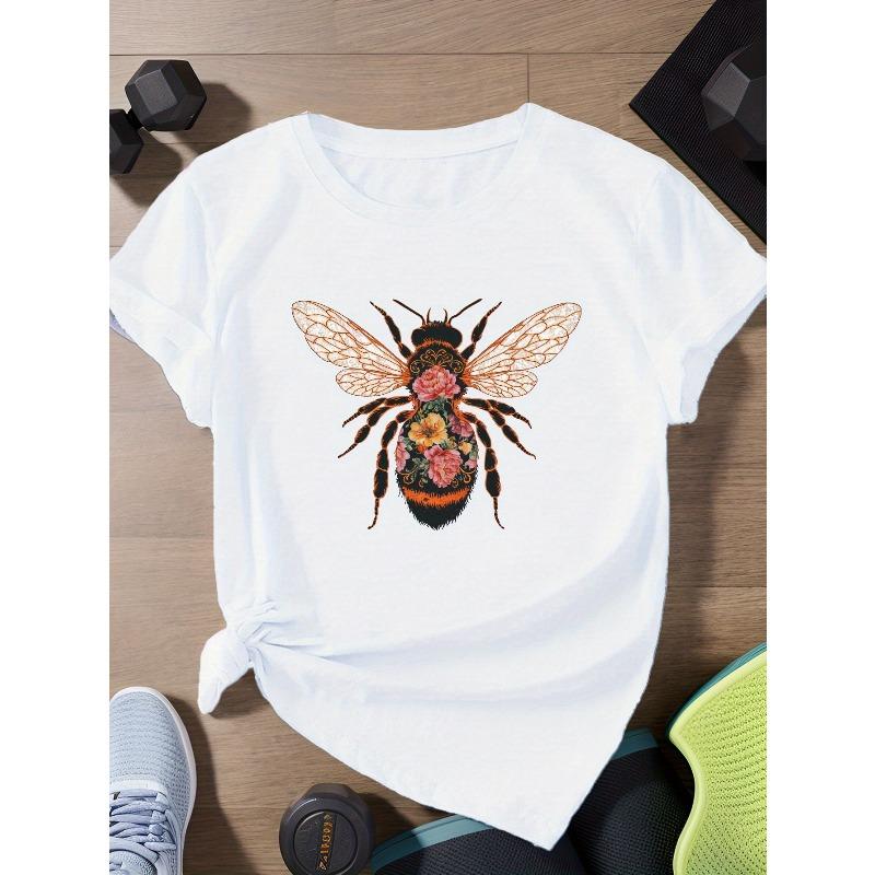 Women Plus Size Floral Bee Print Sports Short Sleeve T-Shirt