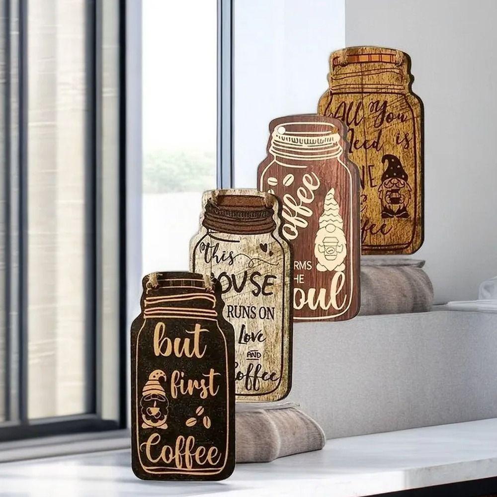 4pcs Coffee Can Shape Wooden Coffee Hanging Sign Wall Slogan Sign Party Decor