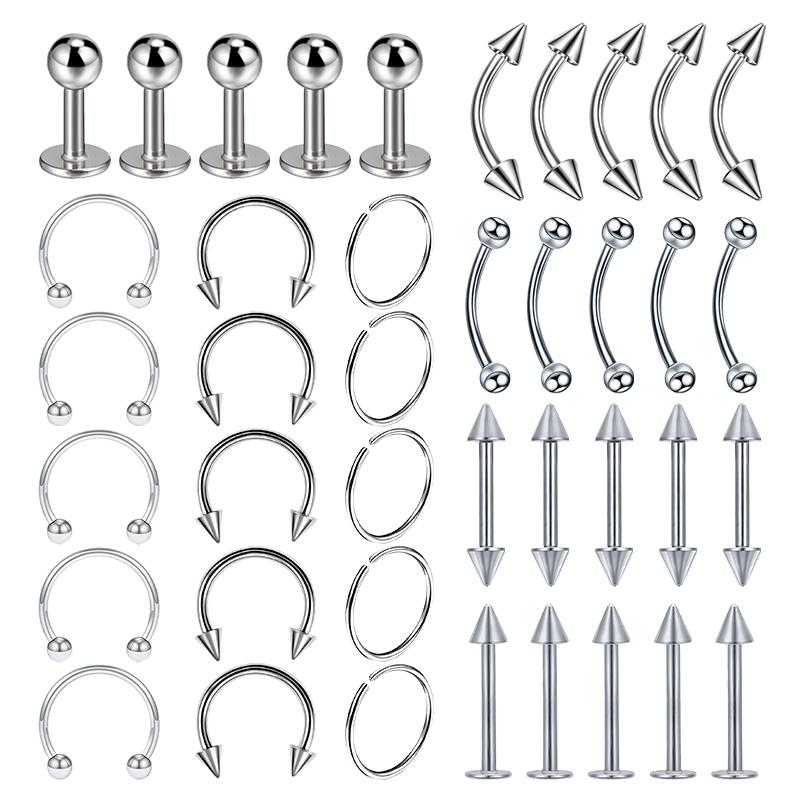40PCS Surgical Steel Body Piercing Jewelry Lot Bulk Nose Ring Tongue Bar Lot Eyebrow Labret Piercing Set Horseshoe Ring Lot Pack