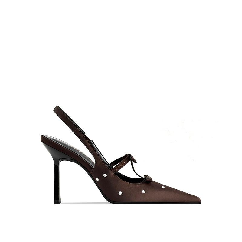 Luxury Sandals Women Designers Dot Rhinestone Bow Sexy Black High Heels Small Square Head Beautiful Light Mouth Backempty Shoes