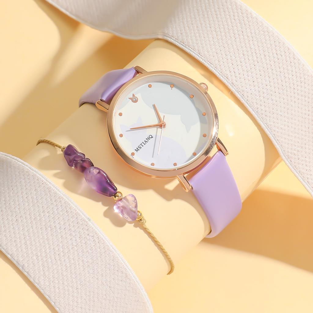 No Gift Box; Cute Cartoon Cat Belt Quartz Watch   Purple Crystal Bead Bracelet 2-piece Set