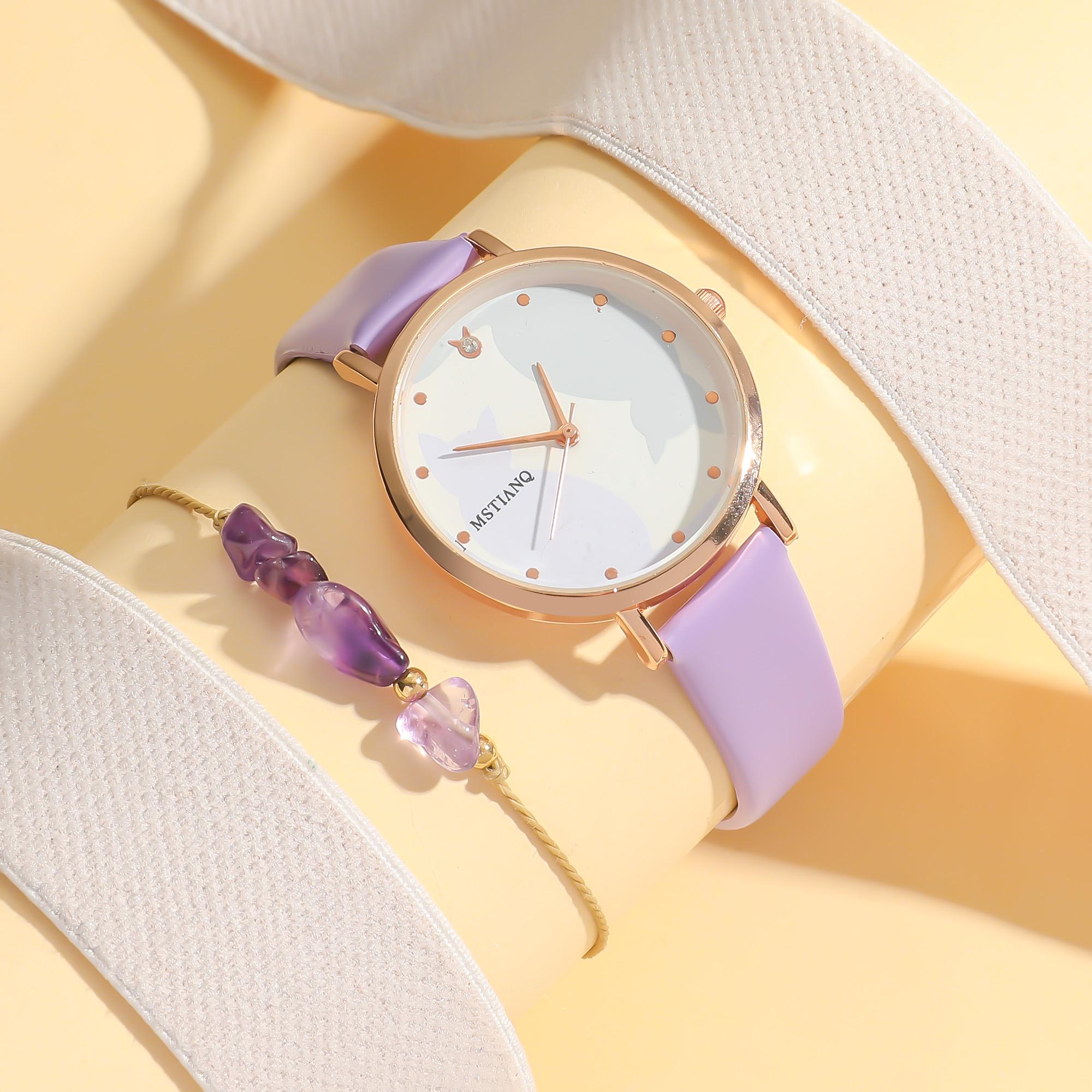 

No gift box; cute cartoon cat belt quartz watch purple crystal bead bracelet 2-piece set фиолетовый
