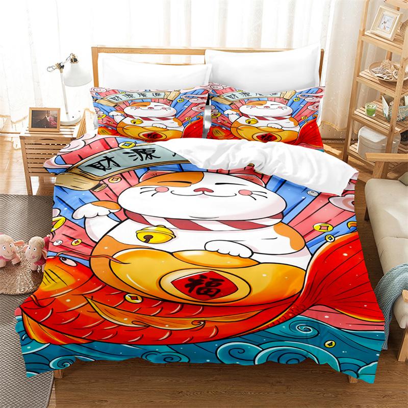 

Cartoon Lucky Cat Bedding Set Bed Cover Set Lovers Bedding Kids Luxury King Size Comforter Bedding Sets Queen Duvet Cover Set UK Single 135x200cm&set