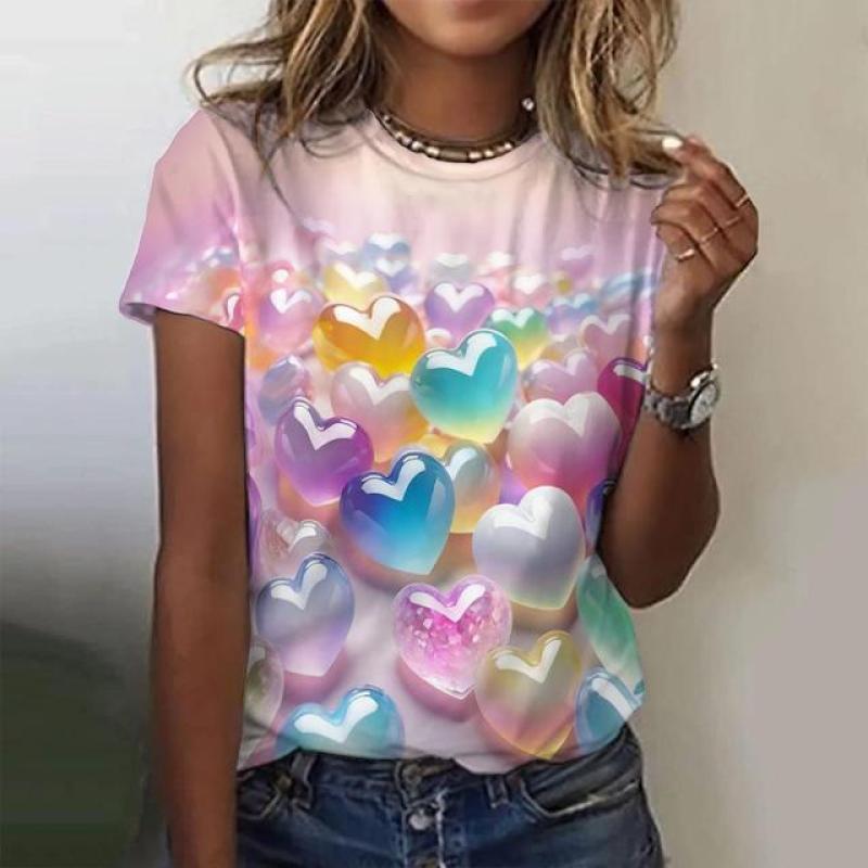 Love Printing Independent Station Women's Round Neck T-shirt 3D Digital Printing Elegant T-shirt Women's Top 2882
